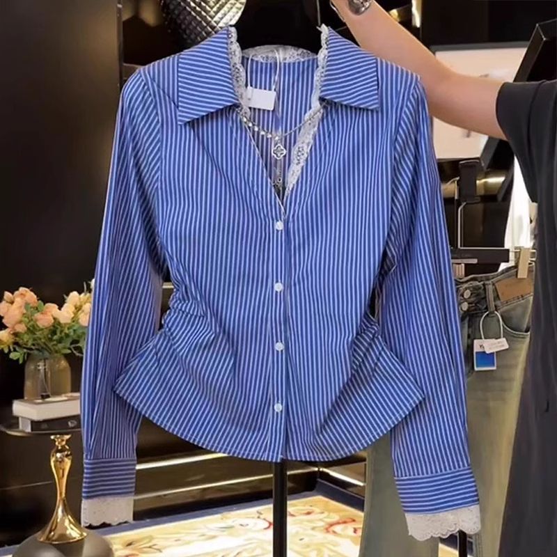 Polo Shirt Slim - Blus Ramping Berlipat Perca Renda Elegan
