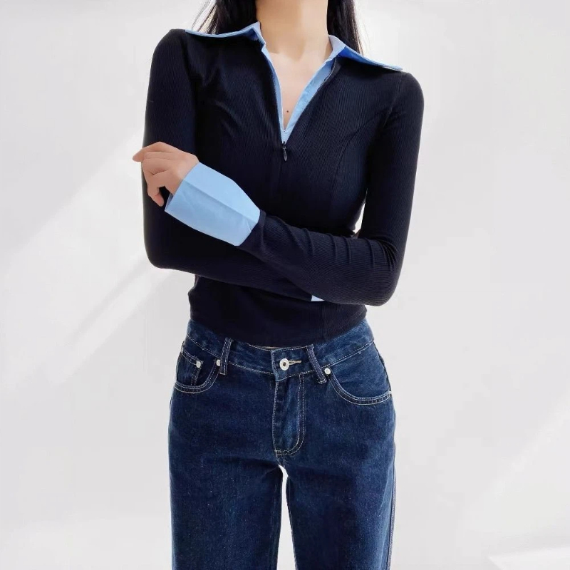 Polo Shirt Slim - Atasan Kemeja Kantor Patchwork Kontras Dua